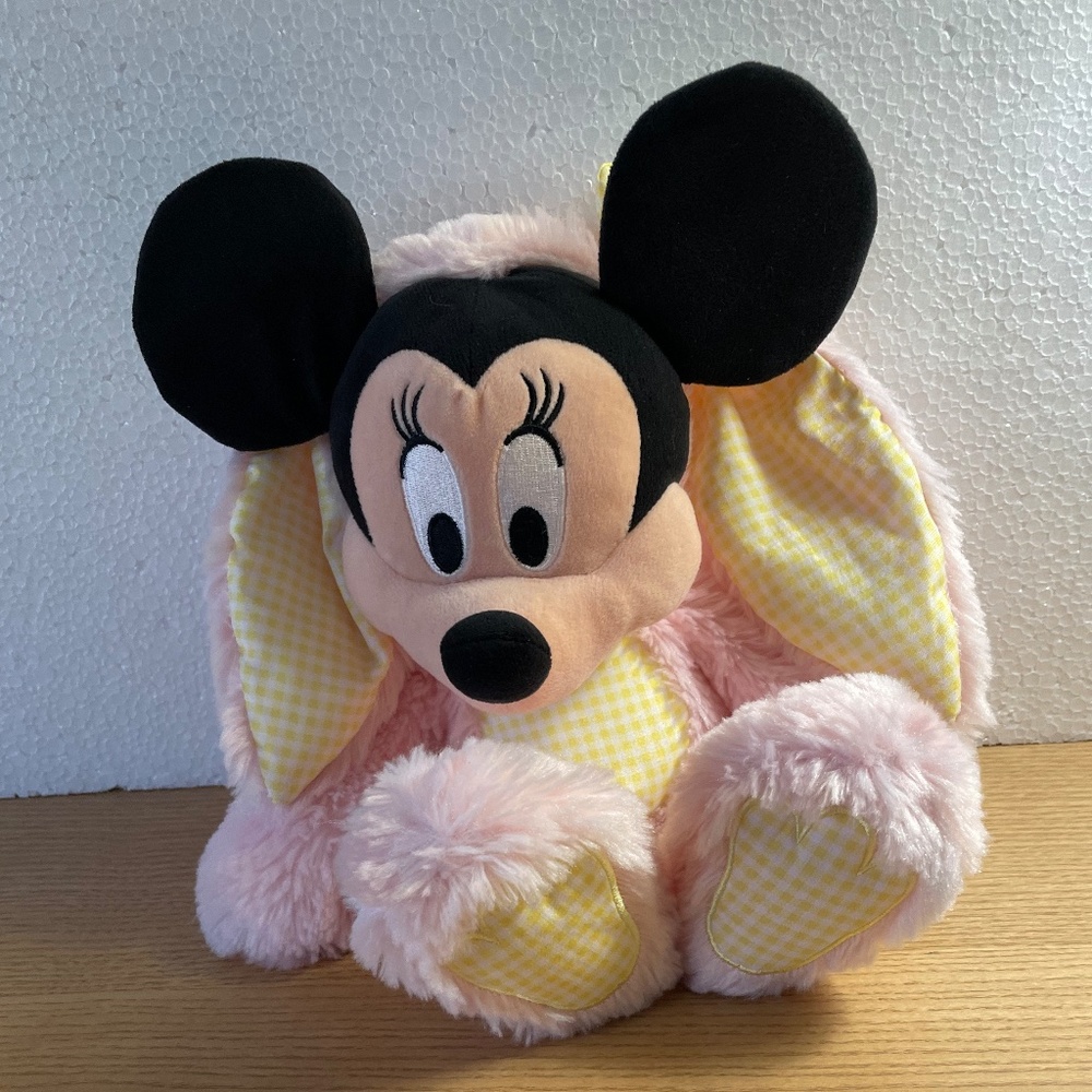 Disney Store Minnie Mouse Easter Bunny Plush Pink Rabbit Ears Yellow Gingham 20”